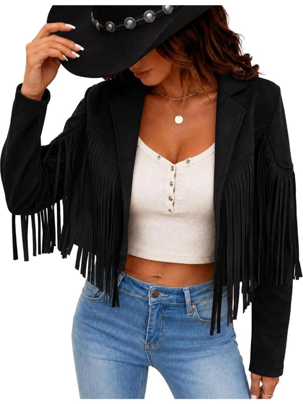 Women's Black Suede Leather Tassel Jackets With Lining Cropped Fringe Coats